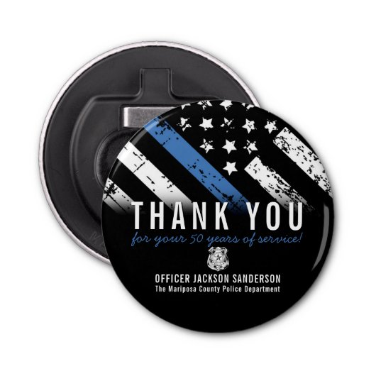 Jubileum blauwe lijn van politie button flesopener (Voorkant)