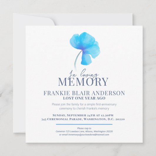 Jubileum blauwe waterverf foto van doodbloem kaart (Voorkant)