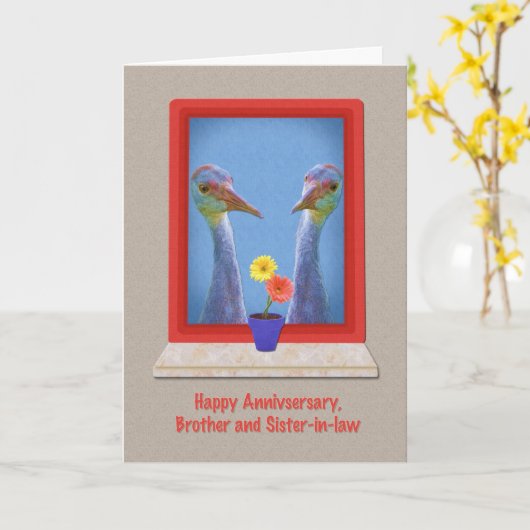 Jubileum, broertje en schoonzus, Crane Bird Kaart (Gele Bloem)