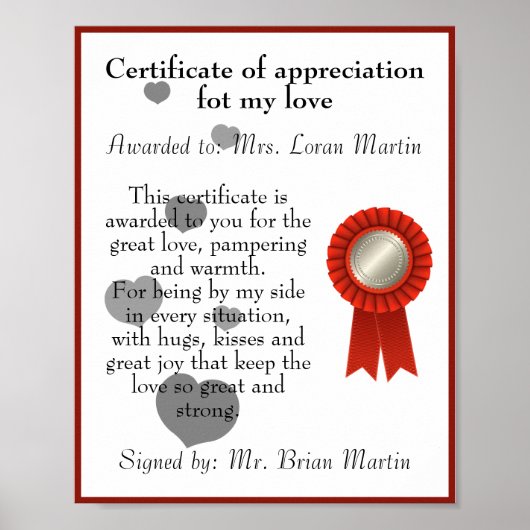 Jubileum Certificaat van Waardering voor Liefde Poster (Voorkant)