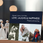 Jubileum Collage Love Laugh Gelukkig 3 Foto Fotoplaat<br><div class="desc">Creëer uw eigen fotoplak met 3 van uw favoriete afbeeldingen. De formulering luidt: "[uw namen] LOVE, LAUGHS & HAPPINESS [aantal] jaar en tellen". De sjabloon is ingesteld om u te personaliseren met uw namen, de datum die u hebt vastgesteld/gehuwd en het aantal jaren samen. Het fotomalplaatje is ook opstelling klaar...</div>