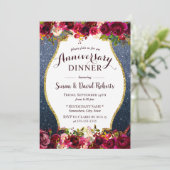 Jubileum Diner Burgundy Bloem Navy Blauw Kaart (Staand voorkant)