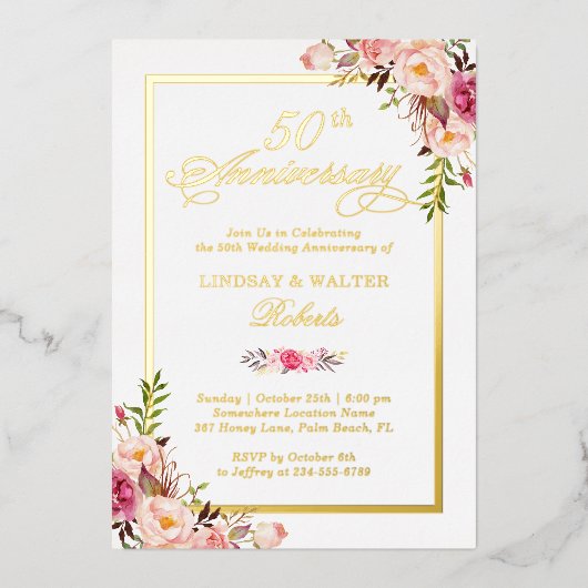Jubileum Elegant Blush Floral Real Gold Folie Uitnodiging (Voorkant)