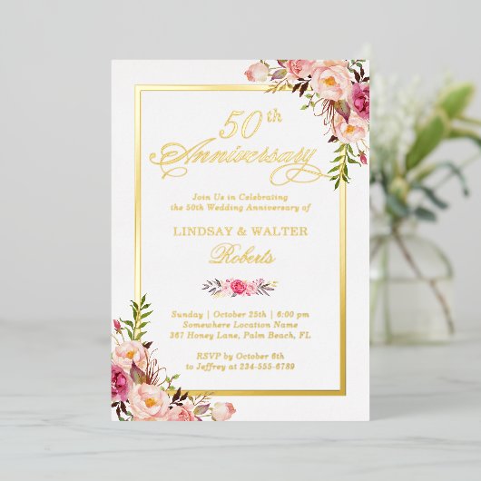 Jubileum Elegant Blush Floral Real Gold Folie Uitnodiging (Staand Voorkant)