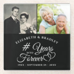 Jubileum Elegant JAREN IN FOREVER 2 Foto's Glazen Onderzetter<br><div class="desc">Viel elke trouwdag met een gepersonaliseerd onderzetter in het herdenkingsbelang in zwart-wit voor het speciale paar. Het ontwerp kenmerkt een elegant kalligrafiemanuscripttypografie ontwerp van # JAREN IN FOREVER geaccentueerd met het onderling blokkeren van verbonden harten en gepersonaliseerd met 2 foto's, hun namen en trouwdatum of andere douanetekst. De titel kan...</div>