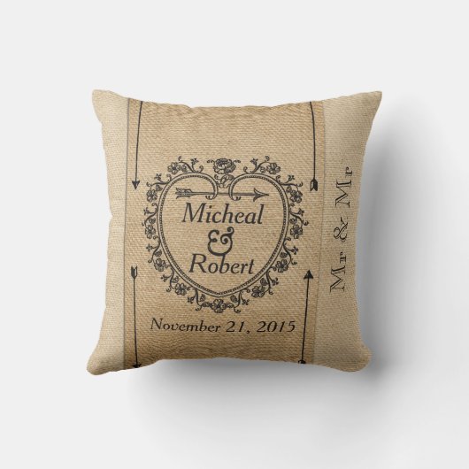 Jubileum Gay Fancy Burlap Datum hartslag Kussen (Achterkant)