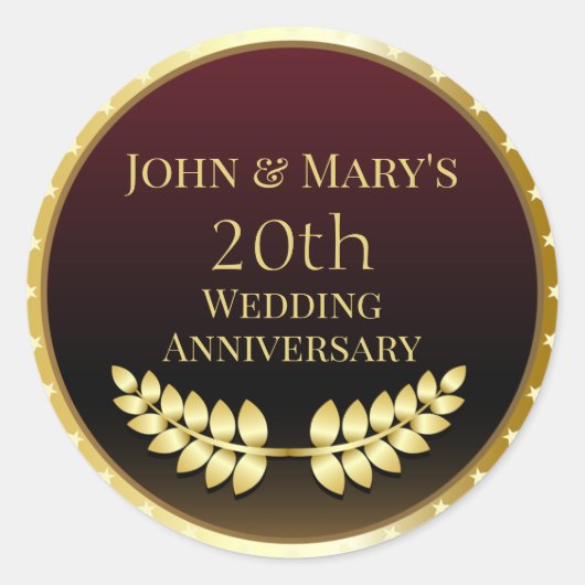 Jubileum gouden medaille met twintigste bruiloft ronde sticker (Voorkant)