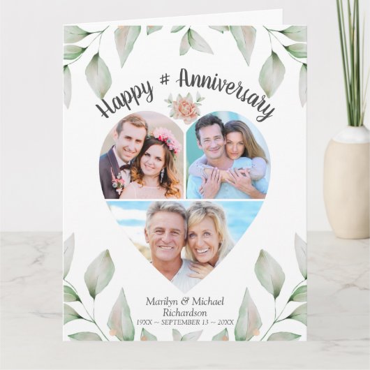 Jubileum Heart Shaped Photo Collage Greenery Kaart (Voorkant)