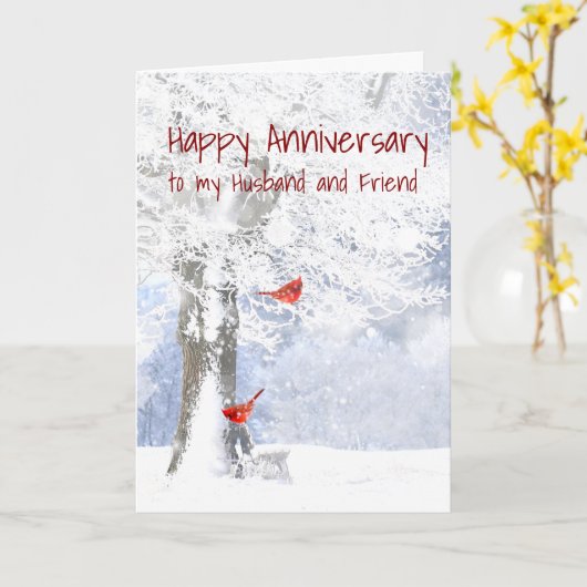 Jubileum Husband en vriend Kardinaal Bird Kaart (Gele Bloem)