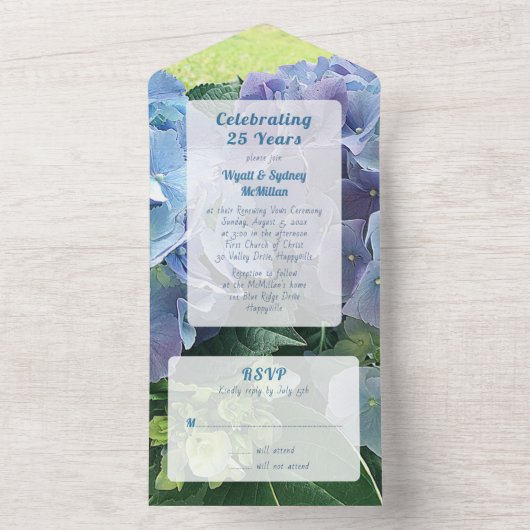 Jubileum Huwelijksgeloften Ceremonie Blauwe Bloeme All In One Uitnodiging (Binnen)