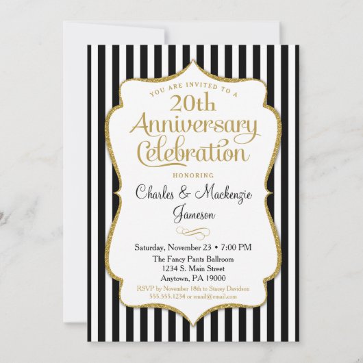Jubileum Invitation Black Gold Elegant Stripe Kaart (Voorkant)