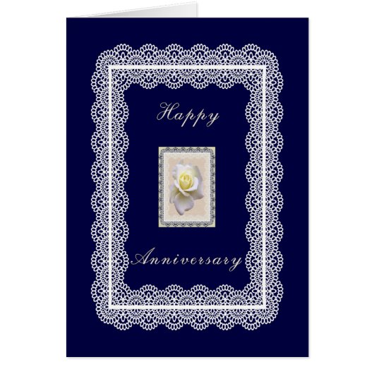 Jubileum Kaart, donkerblauw met witte roze & kant (Voorkant)