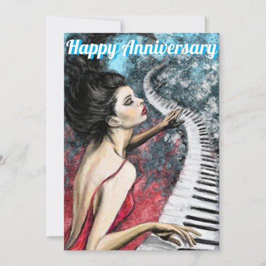 Jubileum Kaart met Lady in Rode Piano Muziek (Voorkant)