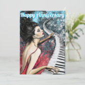 Jubileum Kaart met Lady in Rode Piano Muziek (Staand voorkant)