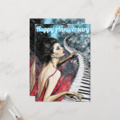 Jubileum Kaart met Lady in Rode Piano Muziek (Voorkant / Achterkant in situ)