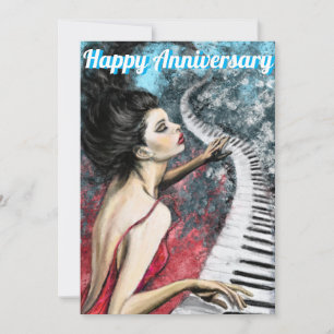Jubileum Kaart met Lady in Rode Piano Muziek