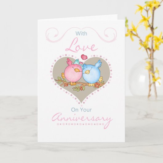 Jubileum Kaart met twee liefhebbende vogels - Anni (Gele Bloem)