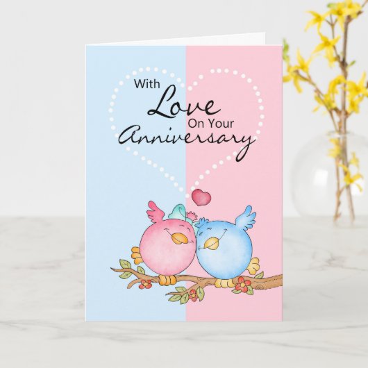 Jubileum Kaart met twee liefhebbende vogels - Anni (Gele Bloem)