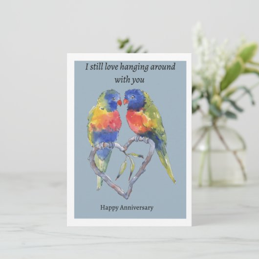 Jubileum kaart, twee liefdesvogels en een hart. kaart (Staand voorkant)