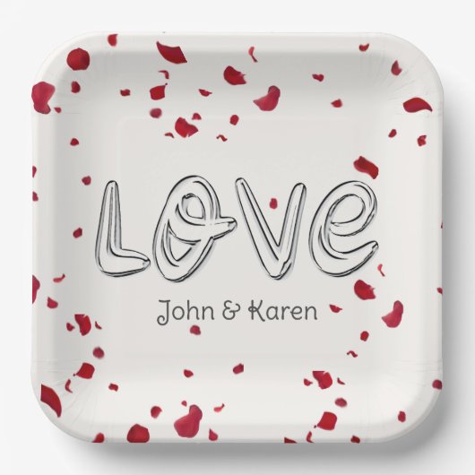 Jubileum Love Text met Roos Petals Papieren Bordje (Voorkant)