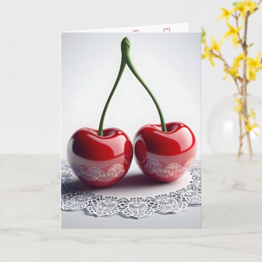 Jubileum Maraschino kersen op kant Kaart (Gele Bloem)