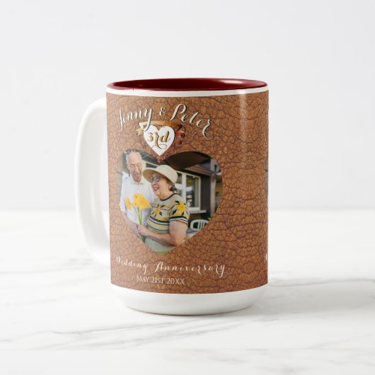 Jubileum met 3rd Weddenschap Foto Leder Heart Mok (Voorkant links)