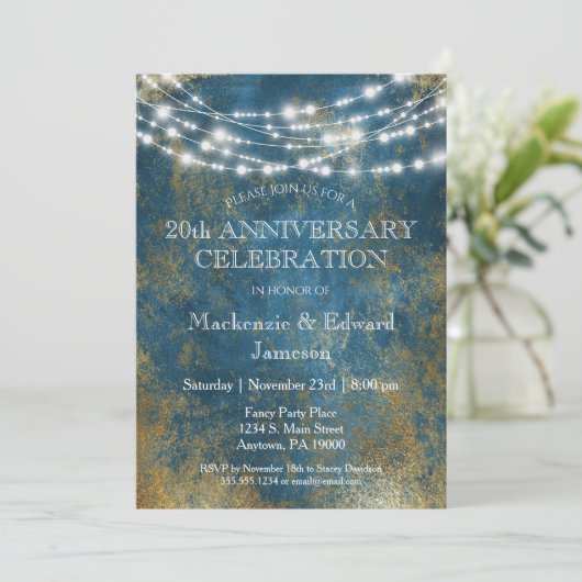 Jubileum met blauwe gouden lampjes kaart (Staand voorkant)