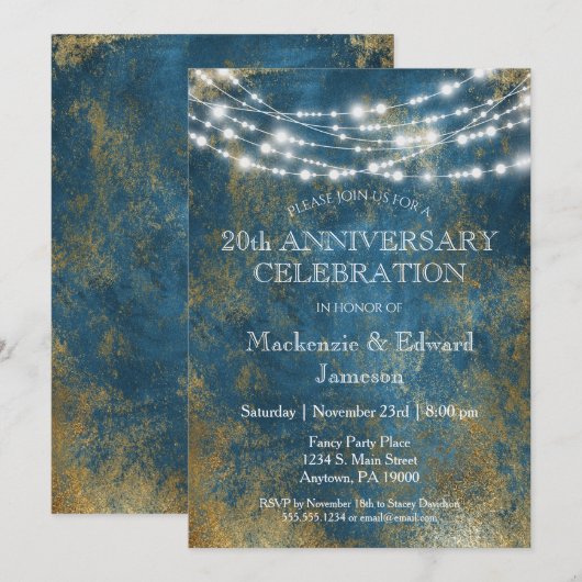 Jubileum met blauwe gouden lampjes kaart (Voorkant / Achterkant)