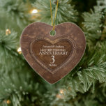 Jubileum met derde bruiloft Lederhart ornament<br><div class="desc">Keepasleer ziet er uit naar het ornament van de trouwdag. Personaliseer met uw eigen namen en een afbeelding op de keerzijde. Andere overeenkomende objecten zijn beschikbaar. Unieke grafische kaart met turquoise art style art. en design van Sarah Trett voor www.mylittleeden.com en www.mylittleedenweddings.com</div>