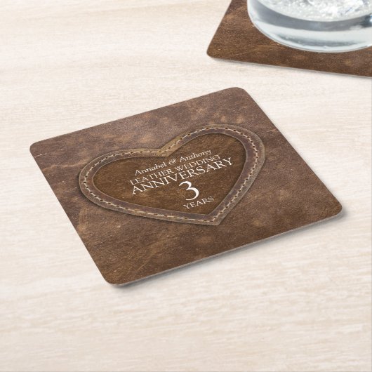 Jubileum met derde bruiloft Lederhartbruin Kartonnen Onderzetters (Schuin)
