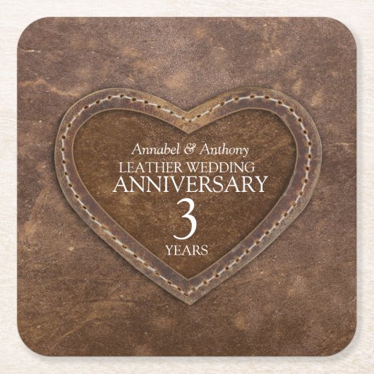 Jubileum met derde bruiloft Lederhartbruin Kartonnen Onderzetters (Voorkant)