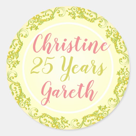 Jubileum met namen en aantal jaren. ronde sticker (Voorkant)