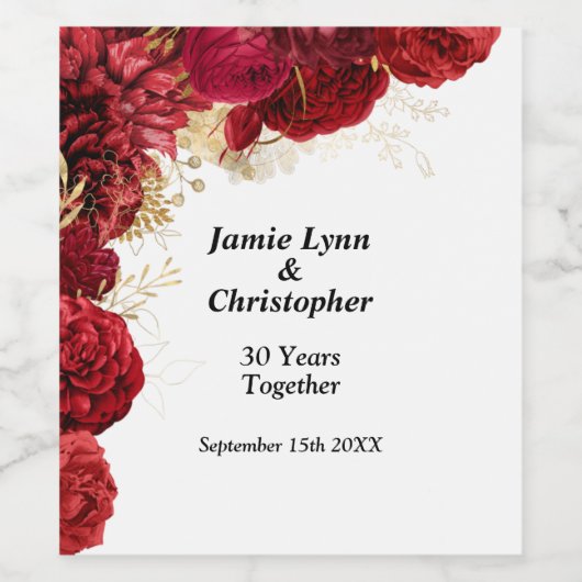 Jubileum met rode Floral Weddenschap Wijn Etiket (Enkel label)