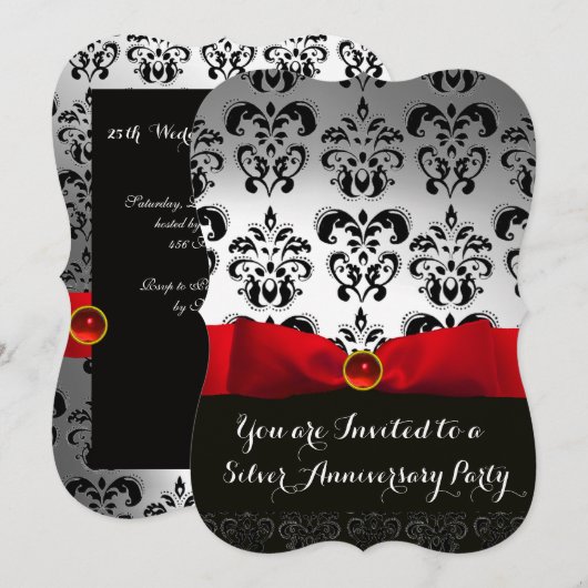 JUBILEUM MET RODE WIT-ZWARTE DAMASKWEDING KAART (Voorkant / Achterkant)