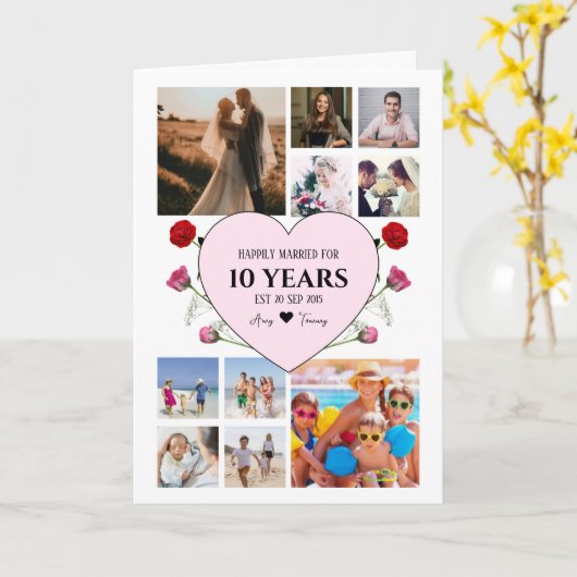 Jubileum met roze hart en Rozen Foto Kaart (Gele Bloem)