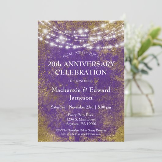 Jubileum Paarse gouden lampjes Kaart (Staand voorkant)