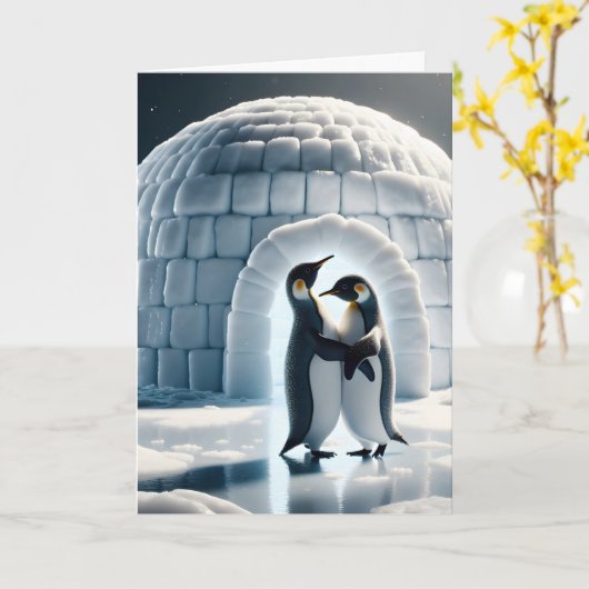 Jubileum pinguïns langzaam dansen kaart (Gele Bloem)