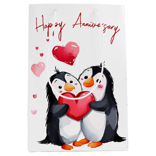 Jubileum pinguïns met hart medium cadeauzakje (Voorkant)