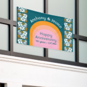 Jubileum retro bloemen groovy jaren 70 Boho Spandoek (Buitenkant Gebouw)