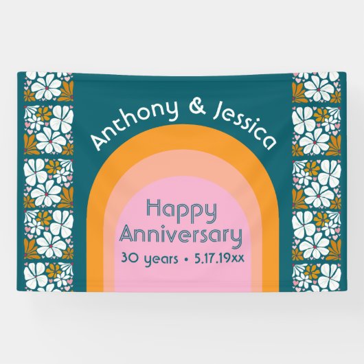 Jubileum retro bloemen groovy jaren 70 Boho Spandoek (Horizontaal)