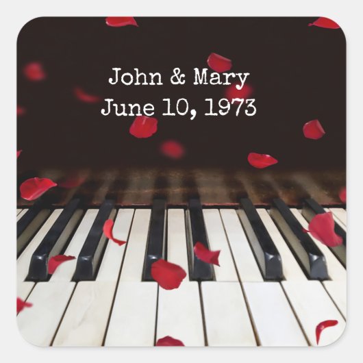 Jubileum Roos Petals op Piano Keys Vierkante Sticker (Voorkant)