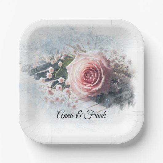 Jubileum Roze Roos Op Pianotoetsen Papieren Bordje (Voorkant)