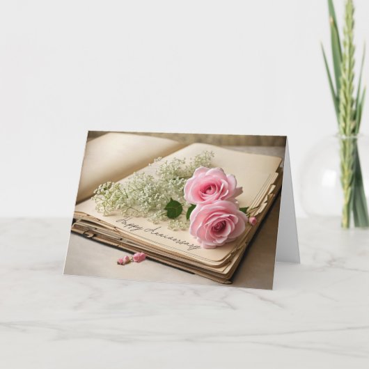Jubileum roze rozen op oud plakboek kaart (Voorkant)