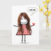 Jubileum Stick Figuur Meisje met Speech Bubble Kaart (Gele Bloem)