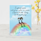 Jubileum stick figuur paar op een regenboog kaart (Gele Bloem)