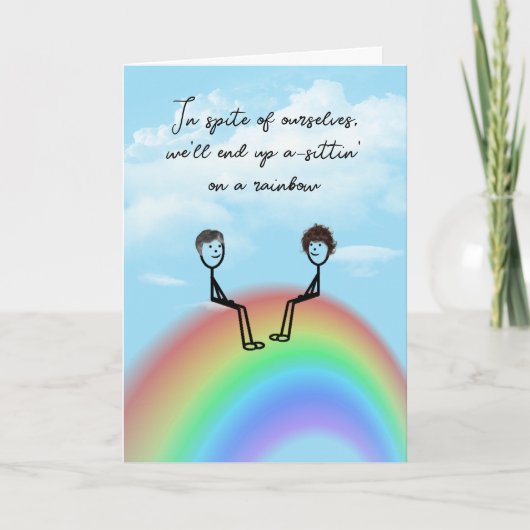 Jubileum stick figuur paar op een regenboog kaart (Voorkant)