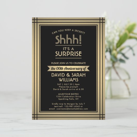 Jubileum Surprise Party Elegant Zwart en Goud Kaart (Staand voorkant)