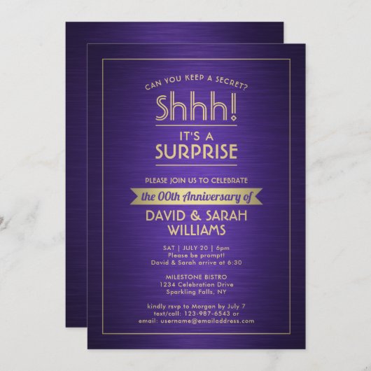Jubileum Surprise Party Geborsteld Paarse en Goud Kaart (Voorkant / Achterkant)