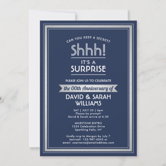 Jubileum Surprise Party Navy Blauw Wit Zilver Kaart (Voorkant)