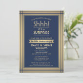 Jubileum Surprise Party Shhh! Navy blauw en goud Kaart (Staand voorkant)